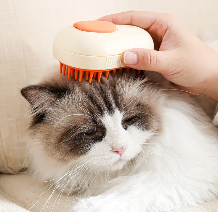 Steam pet brush for grooming and hair removal